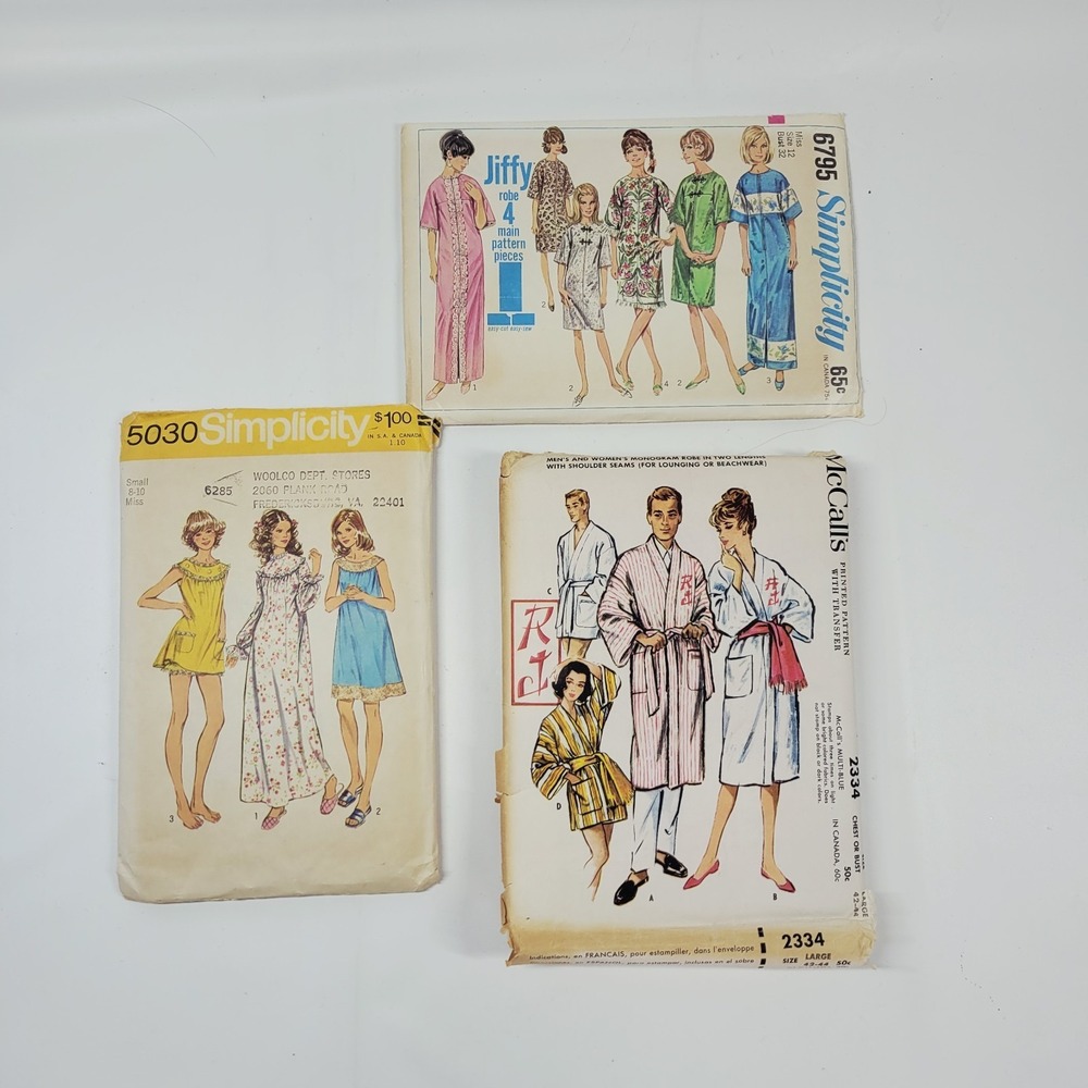 3 Vintage Sewing Patterns Sleepwear‎ Robes Pajamas Uncut